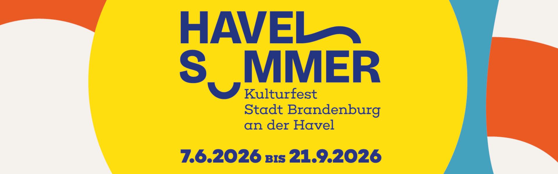 Design des Havelsommers in gelb, orange und blau mit dem Logo in blau in der Mitte.