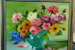 Bild im goldenen Rahmen, Stillleben Blumen in einer Vase.