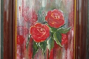 Foto eines Gemäldes mit roten Rosen in braunem Rahmen.